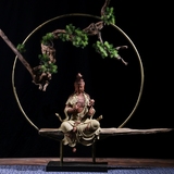 紫砂陶瓷人物文殊普贤菩萨佛像禅意摆件中式玄关家居装饰品办公室