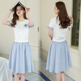 2016夏季韩版少女学院风拼接条纹显瘦假两件连衣裙女学生 荷叶袖