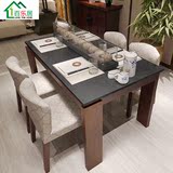 现代中式火烧石实木餐桌椅组合大理石水曲柳长方形楷模小户型饭桌