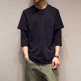 原创夏季韩版修身休闲七分袖T恤男 日系复古假两件黑色圆领套头衫