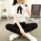 2016夏装新款韩范白色短袖衬衫女修身简约大码学生衬版工装蝴蝶结
