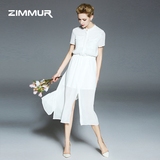 ZIMMUR2016夏装新款女装立领短袖中腰修身显瘦欧美时尚长裙连衣裙