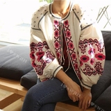 2016韩国代购东大门秋季新款 刺绣泡泡袖洋气系带复古小外套衬衫