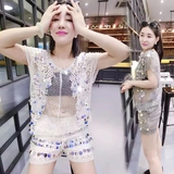 2016夏季新款韩版时尚网纱短袖亮片短裤套装女休闲套装女两件套潮