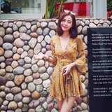 NUNU家夏季泰国海南三亚花纹波西米亚度假低胸系带连衣裙女短裙子