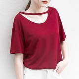 夏季新款韩版学生简约个性感V领口镂空宽松纯黑白红色棉短袖t恤女