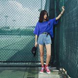 韩国短袖T恤女宽松大码百搭体恤夏季BF风后背印花蓝色上衣潮 T099