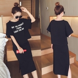2016夏季新款女韩版字母圆领T恤中长款半身裙两件套休闲运动套装