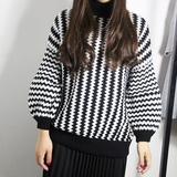 2015秋冬新款韩版短款宽松显瘦竖条纹撞色长袖套头针织衫毛衣女潮