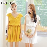 LRUD2016夏季新款韩版娃娃领短袖连衣裙女镂空收腰百搭纯色A字裙