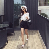 2016女装新款韩版 大翻领露肩白衬衫+黑色短裤休闲时尚套装两件套
