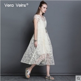 Vera Veins夏季新款宽松中长款绣花真丝欧根纱短袖连衣裙 长裙