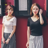 LRUD2016夏季新款韩版双V领纯色针织短袖女修身弹力短款打底衫