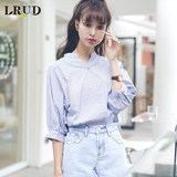 LRUD2016夏季新款韩版V领蝙蝠袖条纹衬衣女BF风后背单排扣衬衫