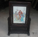 景德镇陶瓷瓷板画名家手绘仿古粉彩人物三星高照小屏风实木框 A1