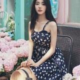 韩国milkcocoa2016夏季新款花朵小碎花吊带裙收腰A字印花连衣短裙