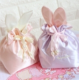 日系 甜美粉梦幻紫蝴蝶结兔耳朵化妆包收纳包 束口袋 杂物包