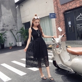 夏季新款2016韩版修身显瘦圆领无袖高腰蕾丝连衣裙长款背心打底裙