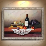 纯手绘油画现代新古典静物客厅餐厅装饰画葡萄苹果挂画红酒有框画