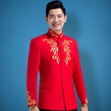 新款红色歌手结婚男礼服立领中式中山装绣花舞台修身男主持人礼服