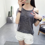 韩国夏季女装斜领漏肩装性感修身露肩膀夏天半袖短袖女T恤上衣潮