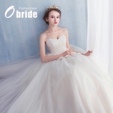 Obride2016年新款抹胸婚纱公主齐地蕾丝水晶奥钻高档新娘出门纱