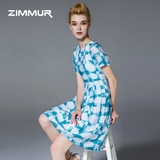 ZIMMUR2016夏季新款女装圆领短袖OL气质修身欧美时尚印花连衣裙