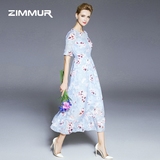 ZIMMUR2016夏装新款女装圆领短袖欧美时尚修身显瘦印花长裙连衣裙