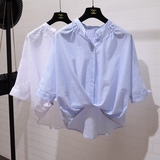 2016夏季新款蝙蝠袖蝴蝶结系带宽松前短后长五分袖条纹立领衬衫女