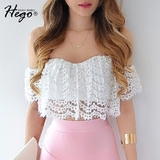 Hego2016夏装甜美气质一字领抹胸性感镂空露肩蕾丝衫短款背心上衣