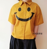 现货 两件包邮 日系童趣可爱复古 超市系列 女款姜黄色笑脸衬衫