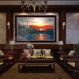 手绘海景海鸥装饰画 欧美式现代客厅大幅横版有框灯塔夕阳油画