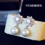韩国925银针耳钉珍珠饰品女气质时尚雪花耳环纯银锆石耳坠防过敏