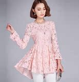 2016夏季新品韩版女装勾花镂空蕾丝衫修身中长款打底衫