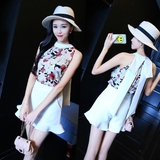 夏装新韩版系带圆领无袖印花上衣+荷叶边高腰短裤时尚套装女T351