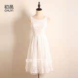 韩国新款纯白色蕾丝长裙修身显瘦甜美复古连衣裙蓬蓬裙伞裙公主裙