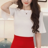 简约韩版修身百搭套头纯色五分袖针织衫女短款中袖显瘦喇叭袖上衣