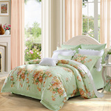 水星家纺 全棉大提花四件套1.5m绿色花卉被套床单1.8m2米床上用品