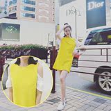 2016年新款韩版黄色连衣裙夏甜美公主裙学生甜美小清新露肩裙子潮