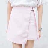 韩版时尚金属扣不规则系带纯色高腰半身裙女修身包臀裙A字短裙夏
