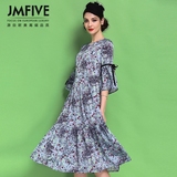 JMFIVE2016春装新款女装潮欧美时尚印花喇叭袖大摆雪纺连衣裙长裙