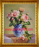 纯手绘写实花卉油画系列三-桌子花瓶桌布磁花瓶玫瑰含苞待放