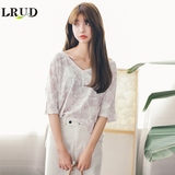 LRUD2016夏季新款韩版V领套头植物印花短袖T恤女宽松显瘦打底上衣
