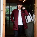 韩国代购2016秋季新款潮男薄款棒球领夹克修身休闲外套中长款风衣