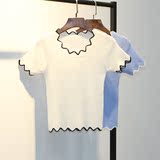 甜美学院风波浪领口短款上衣2016夏季新款修身韩版针织短袖t恤女
