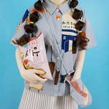 韩国订单ulzzang童趣可爱插画牛奶盒子小口袋翻领短袖T恤雪纺衬衫