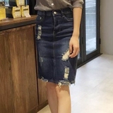 2016韩国夏装新款半身牛仔中裙中长款包臀水洗破洞开叉欧美潮#015