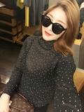 KOGIRL独家韩国实拍东大门春季新款雪纺褶皱波点黑色显瘦打底衫
