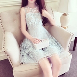 韩国夏装新款小清新刺绣蕾丝立体花朵网纱蓬蓬高腰复古公主连衣裙