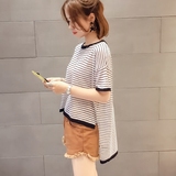 哈喽C韩版夏装条纹中长款宽松短袖薄款透视衫女T恤套头针织上衣潮